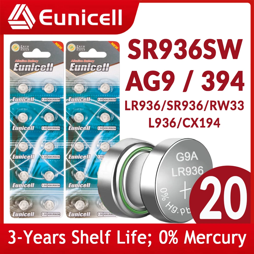 

Eunicell NEW 20pcs LR936 AG9 394 Button Pilas Batteries SR936SW SR936 LR45 CX194 194 394A L936 1.5V Alkaline Cell Coin Battery