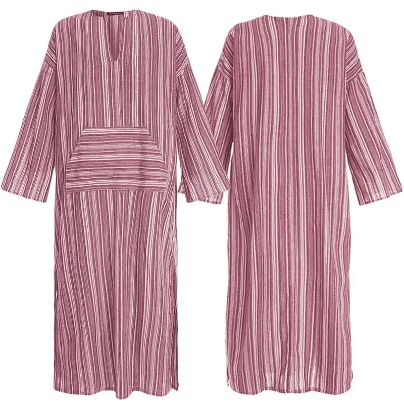 

INCERUN Cotton Vintage Men Striped Robes Islamic Clothes Loose Pockets Long Sleeve Saudi Arabia Men Jubba Thobe Muslim Kaftan