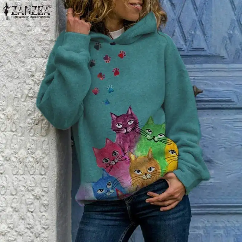 

ZANZEA Femme 2021 Stylish Solid Hoodies Autumn Chic Pullovers Women Casual Vintage Hooded Printed Long Sleeve Cartoon Sweatshirt