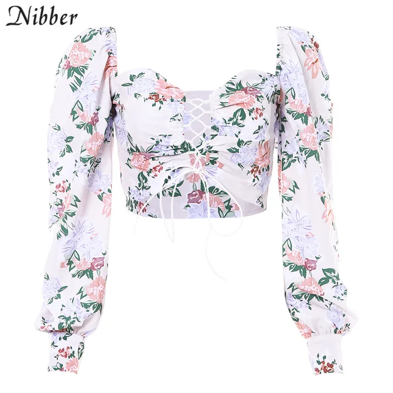 Nibber французский романтик Элегантный boho кроп Топы женские T-shirt2019 осень зима длинный рукав Богемия Низкий вырез повседневные футболки mujer