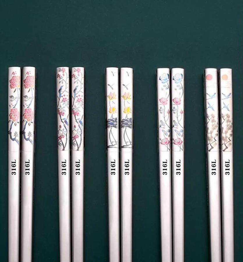

316L Stainless Steel Antiskid Long Chopsticks Household Mould Proof Tableware Peony Crane Rose Design Laser Engraving
