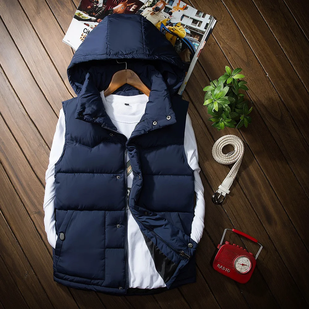

2021 autumn and winter Cotton feather waistcoat Pure color hooded vest