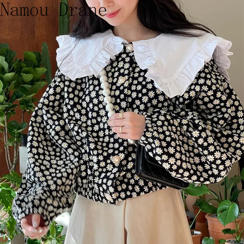 

2021 New Short Causal Sweet Blusas Spring Korean Floral Women Blouses Korean Hit Color Peter Pan Collar Shirt