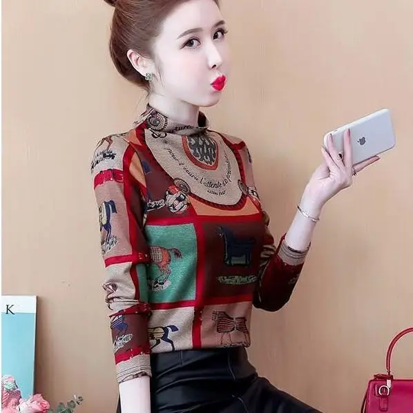 

Semi high collar base coat Long Sleeve Autumn Winter Hong Kong Style Vintage printed T-shirt Plush warm versatile striped top