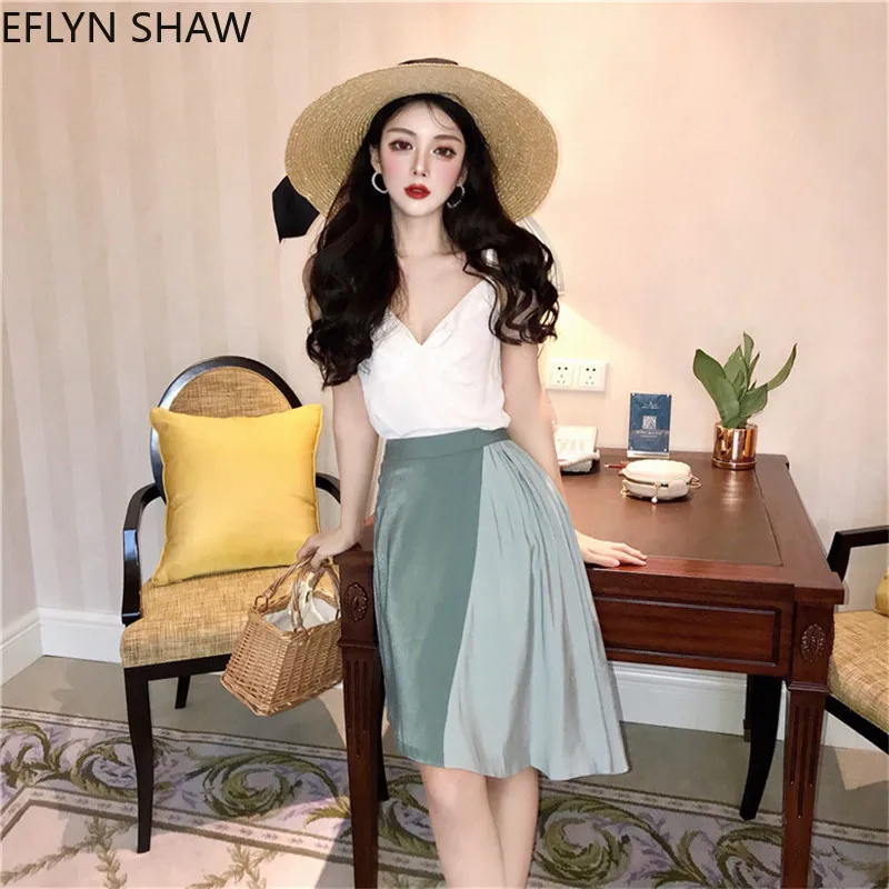 

Women Sexy 2 Piece Sets Korean Two Piece Suit V-neck Strapless Camisole & Skirt Sets Colorblock Irregular Skirt Women Clothes