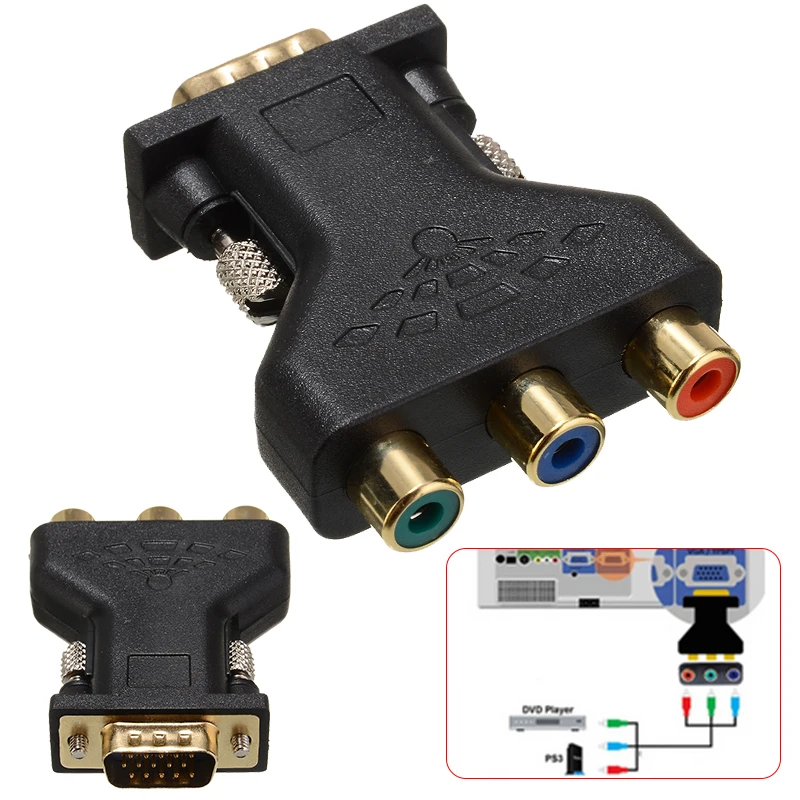 Gold Plated 3 RCA RGB Female to HD 15-Pin VGA Video Plug Jack Adapter High Quality Audio Video Connector Cable Component