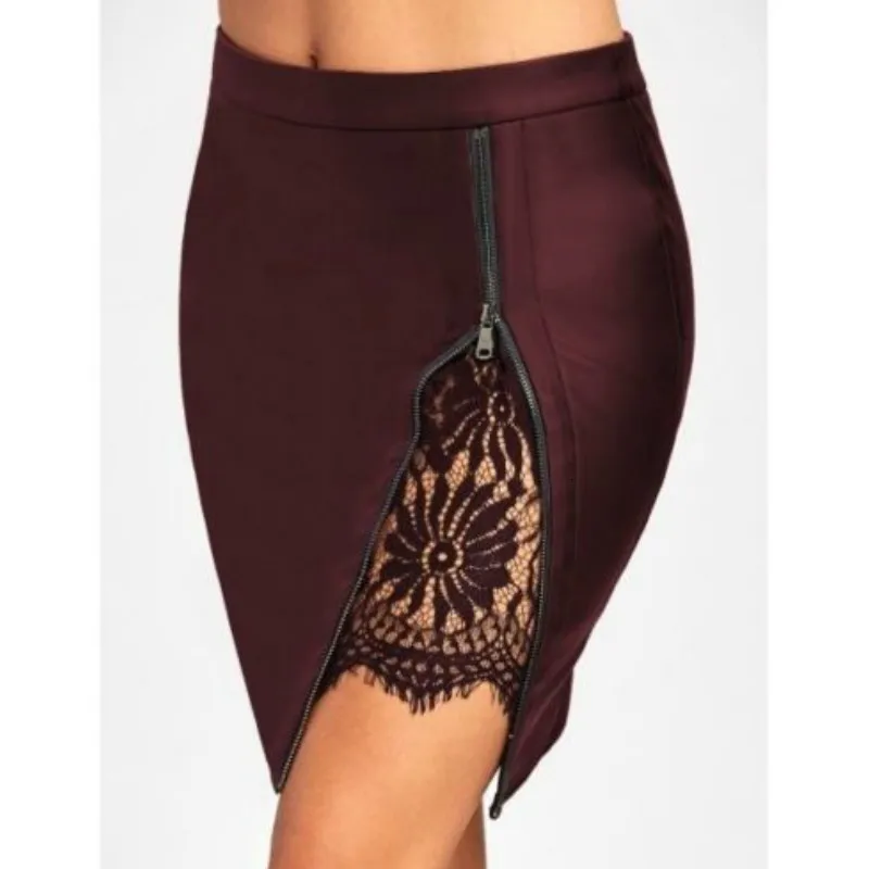 hirigin Women High Waist PU Leather Lace Stitching Package Hip Mini Skirt Plain Flared Pleated |
