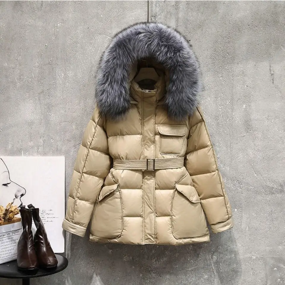 2021  Women 90% White Duck Down Coats Large Natural Fox Fur Hooded Winter JacketThick Warm Parkas Sash Tie Up Short Snow Coat