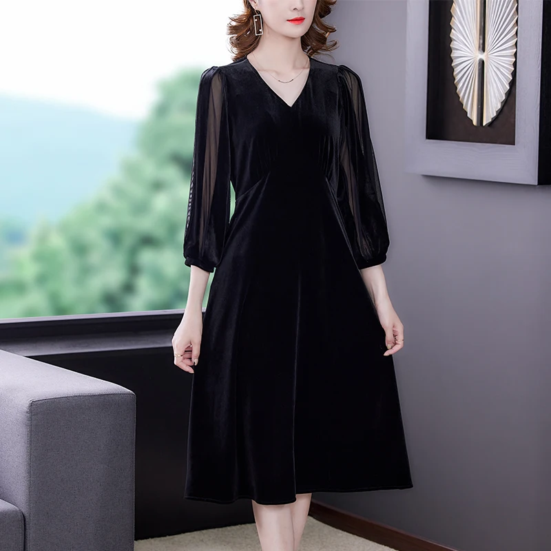 

2021Autumn Black Velvet Mesh Vintage Sexy Midi Dress Elegant Bodycon Party Evening Dresses Spring Women Korean Hepburn Vestidos