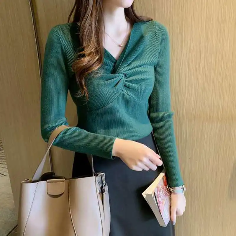 Свитер с v-образным вырезом однотонный осенне-зимний свитер Женский пуловер