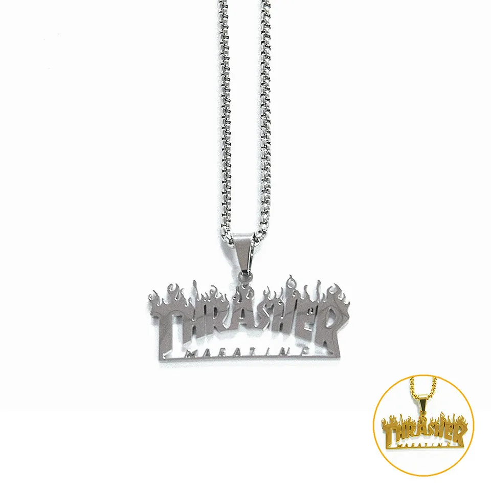 

New Thrasher Magazine Flame Pendant Necklace Men Hip-hop Rock Titanium Stainless Steel Gold Chain Necklace Fashion Man Jewelry