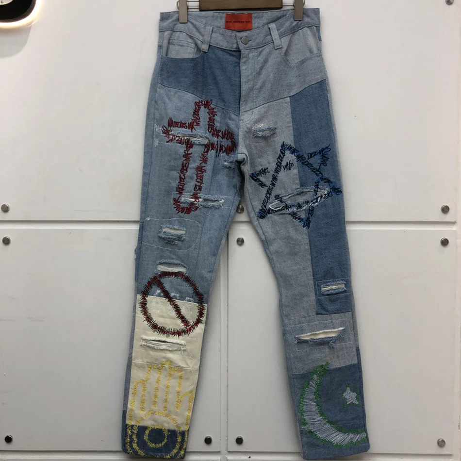 

Who Decides War Jeans Men Women Embroidery Graffiti Hole Damage Washed Do old Denim Pants Slim Fit Jean