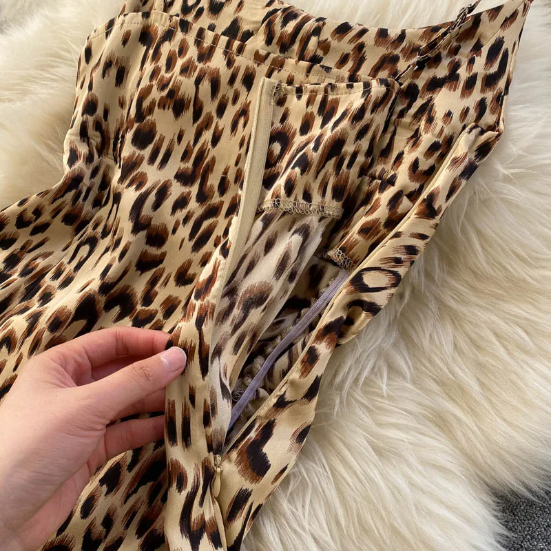 

Spaghetti Strap Evening Dresses Leopard Sexy Split Fork Women'S Summer Long Dress Tank Vintage Clothing 2021 Fashion 4 Colors