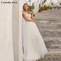 bohemian lace a line wedding dress tulle cap sleeve button bride dresses sexy illusion bridal gowns vestidos de novia