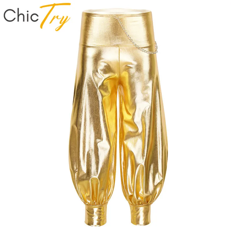 Детские блестящие свободные штаны шаровары с эластичной резинкой на талии и