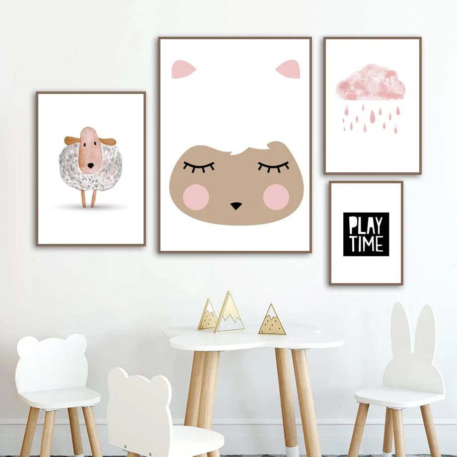 

Wall Art Canvas Painting Cartoon Sheep Panda Cactus Rain Cloud Nordic Posters And Prints Baby Girl Wall Pictures For Kids Room