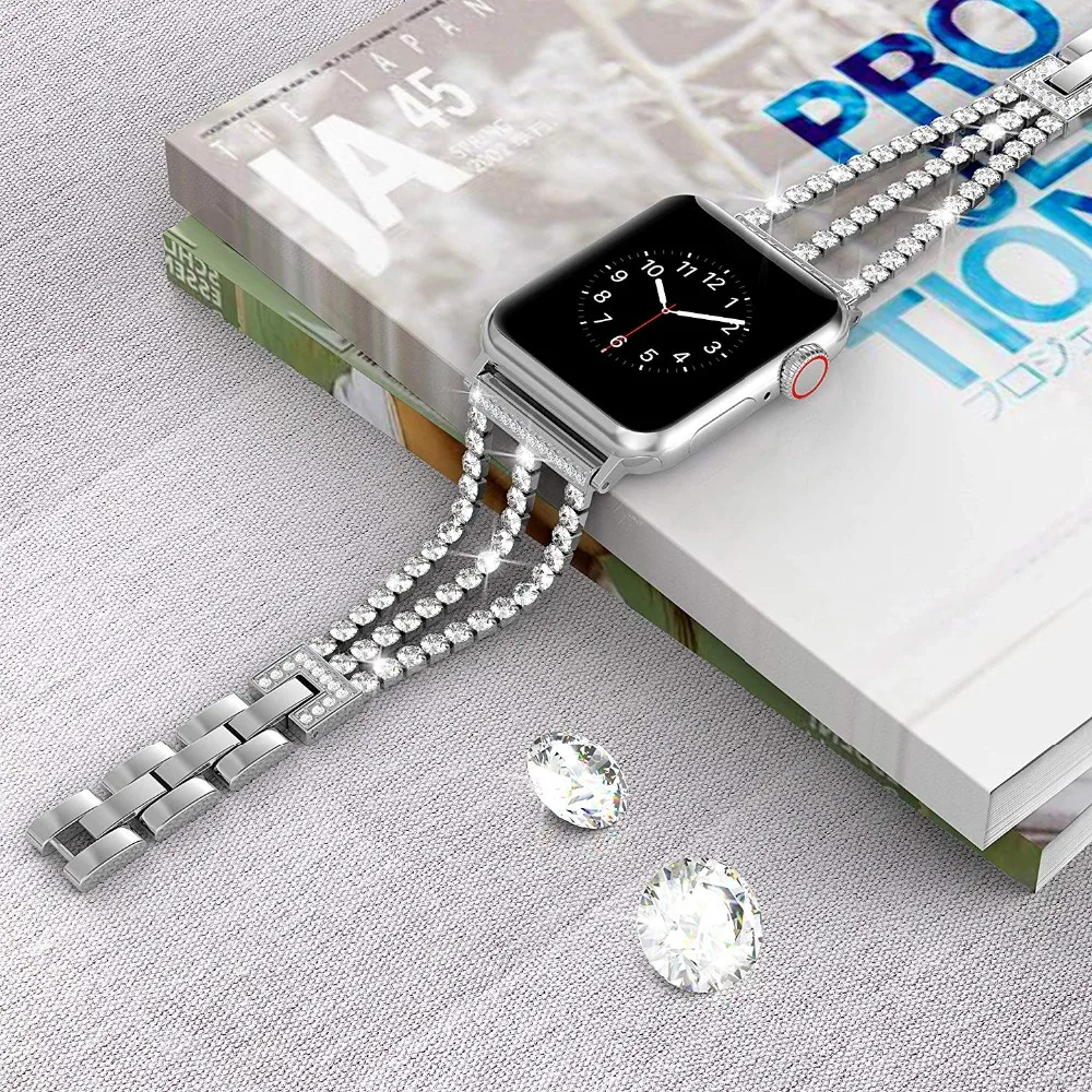 Ремешок из нержавеющей стали для Apple Watch 40 44 мм роскошный браслет с кристаллами