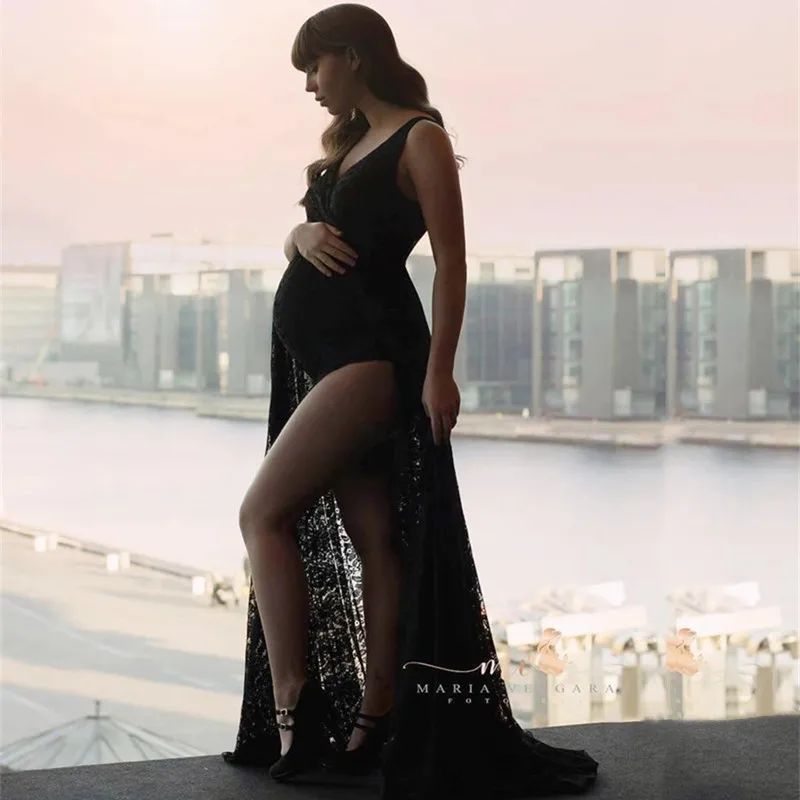 

Sleeveless Lace Pregnancy Photography Bodysuit Dress Maternity Outfit Jumpsuit Dress For Photo Shoot V-neck