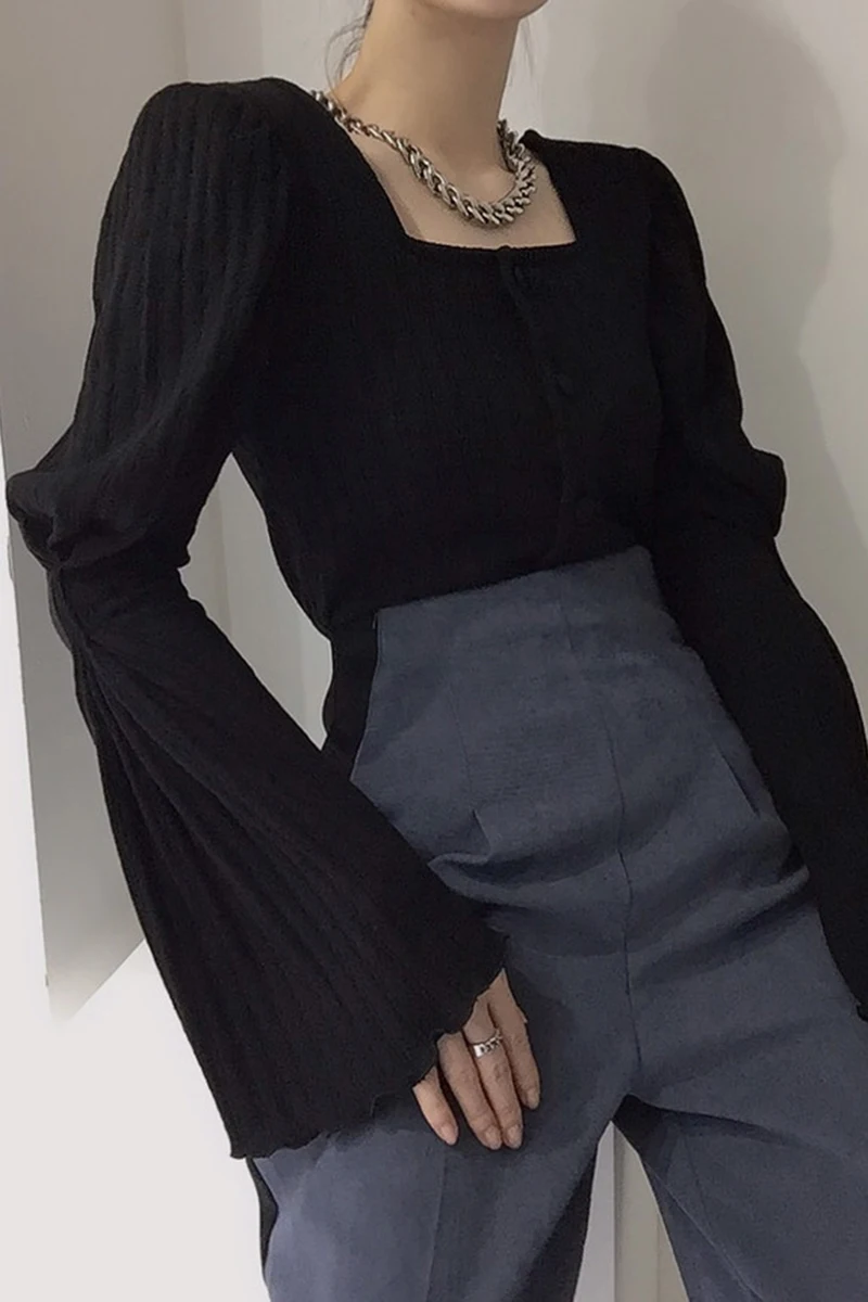 

women clothes 2021 spring fall korean tops fashion elegant casual square collar flare sleeve black knittied cardigan sweater