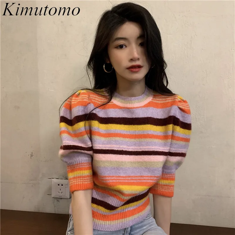 

Kimutomo Casual Striped Knit Pullover Women French Retro Summer Gentle Wind Female O-neck Short Puff Sleeve Top Casual New