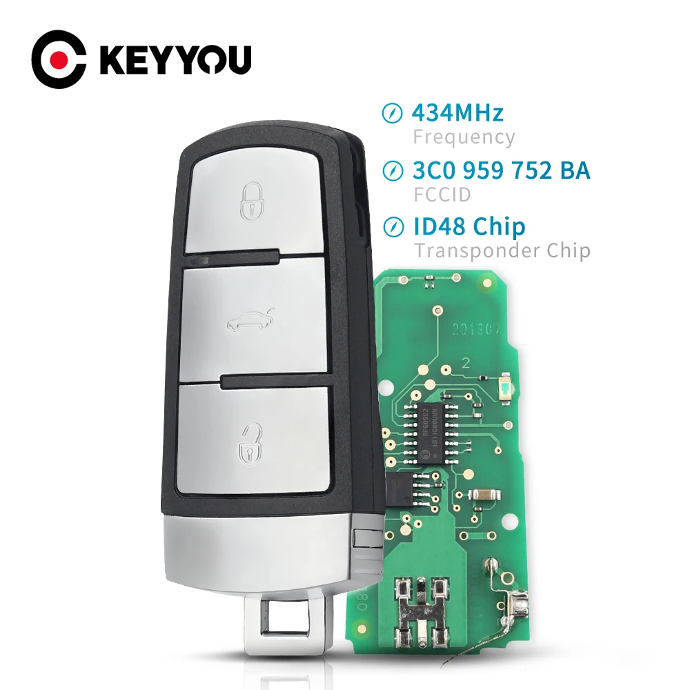 

KEYYOU 434 МГц Автомобильный Дистанционный смарт-ключ для VW/VolksWagen 3C0959752BA для PASSAT/CC/MAGOTAN Автомобильная сигнализация управления с чипом ID48