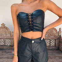2021 sexy faux leather pu lace up tube top women bandeau strapless push up crop tops bodycon black summer streetwear