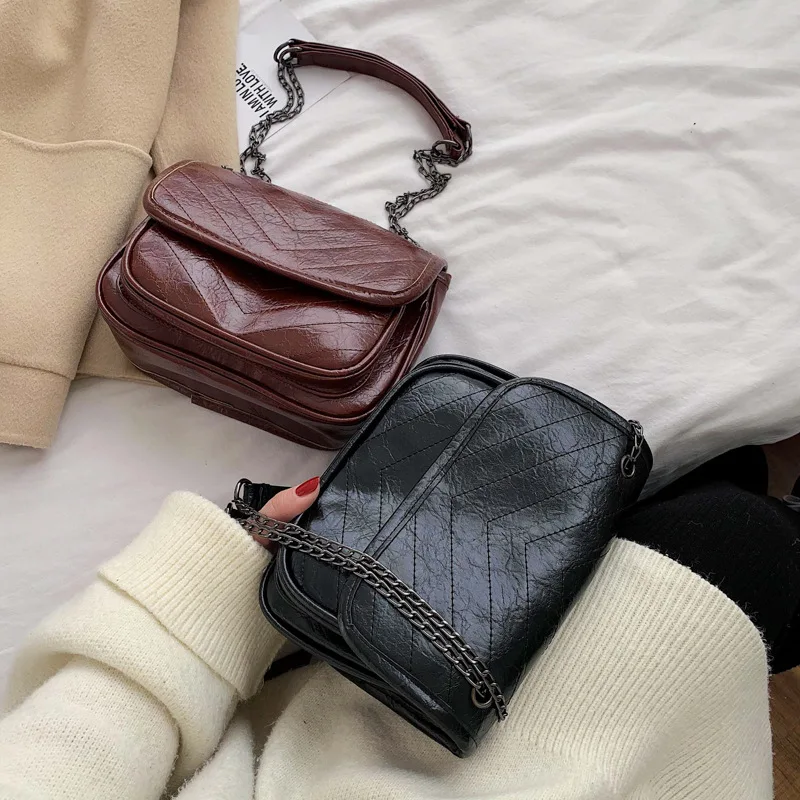 

European Style Shoulder Bag New Fashion Quality PU Women's Postman Bag Metal Chain Messenger Bag Simple Female's Handbag