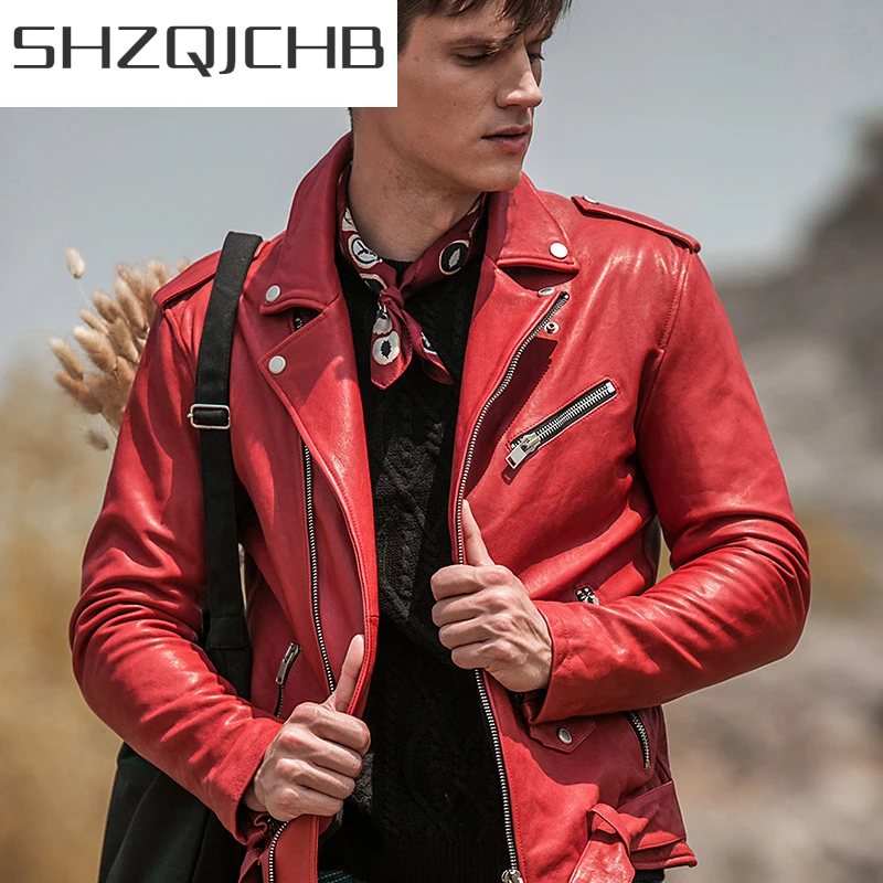 

Мужская мотоциклетная куртка SHZQ, куртка из натуральной овечьей кожи, пальто для осени и зимы, 100%