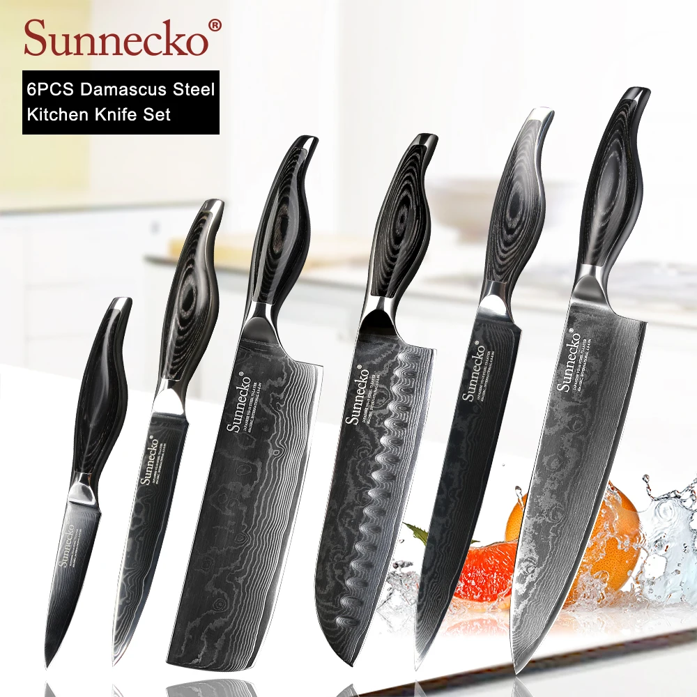 SUNNECKO набор кухонных ножей 6 шт. нож шеф-повара Santoku дамасский японский VG10 стальные