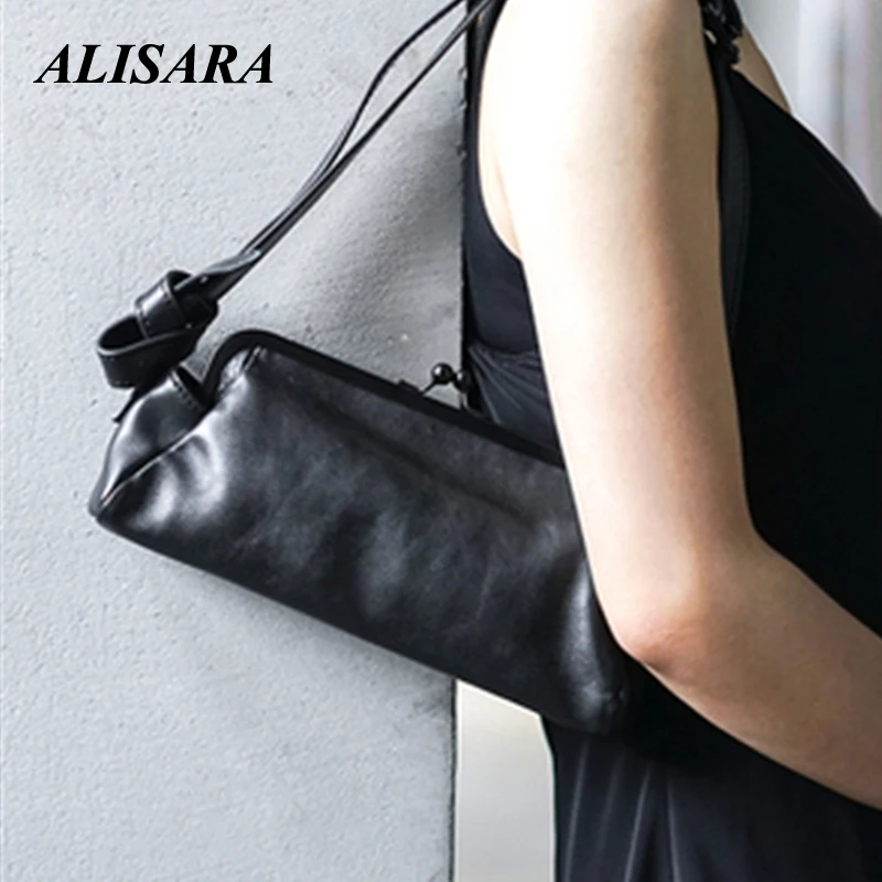 

Bag for woman 2020 designer Genuine Leather Japanese retro handmade Messenger handbag long bar bucket bag black charm
