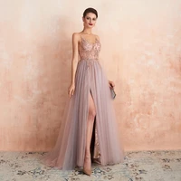 gy sexy spaghetti straps evening dresses new arrival v neck rhinestones beading formal prom gowns with slit robe de soiree