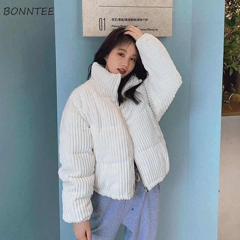 

Short Style Parkas Women All-match Vintage Corduroy New Winter Chic Korean Fashion BF Loose Solid Simple Streetwear Warm Elegant