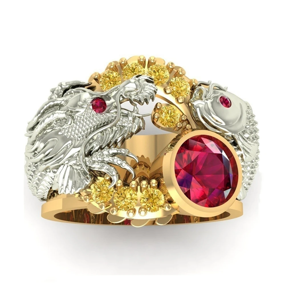 

FDLK Exquisite Two Tone Ring Asian Good Luck Dragon Lucky Koi Carp Ethnic Style Amulet Jewelry Birthday Anniversary Gift