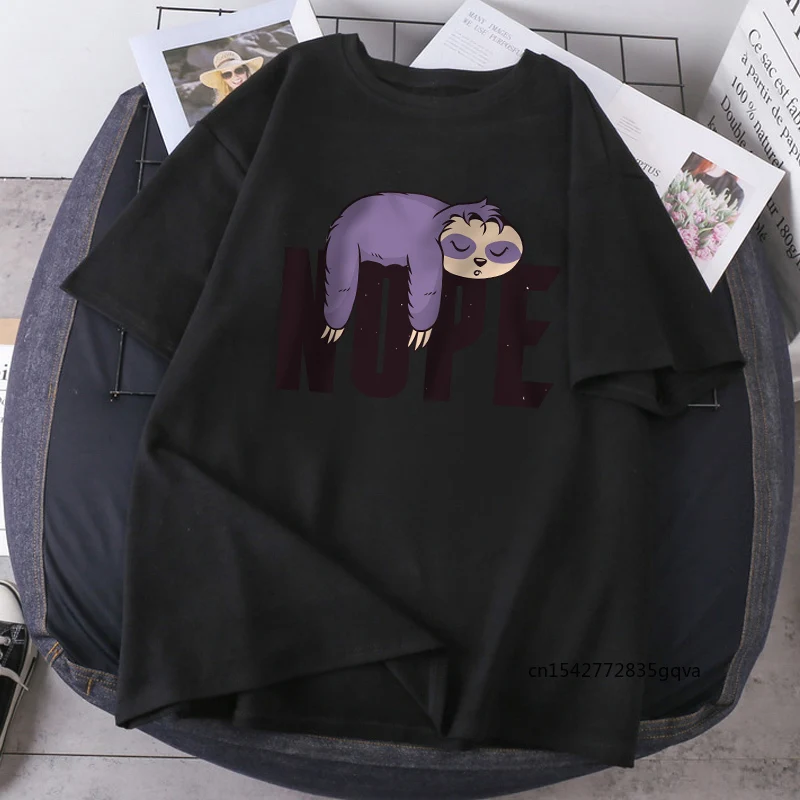 

Streetwear Women Sloth Nope T-shirts Short Sleeve Print Summer T-shirts Outdoor Black Casual Tops Tees Loose Fit Poleras Female