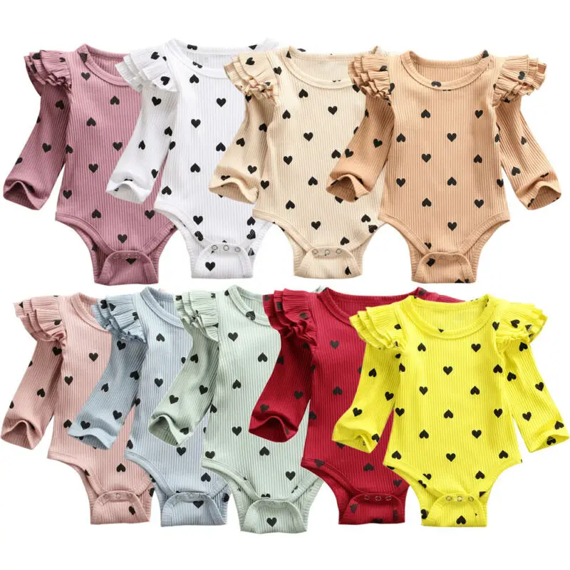 2020 Baby Spring Autumn Clothing Infant Newborn Bay Girls Fly Long Sleeve Hearts Print Bodysuits Ribbed jumpsuits Casual Costume |