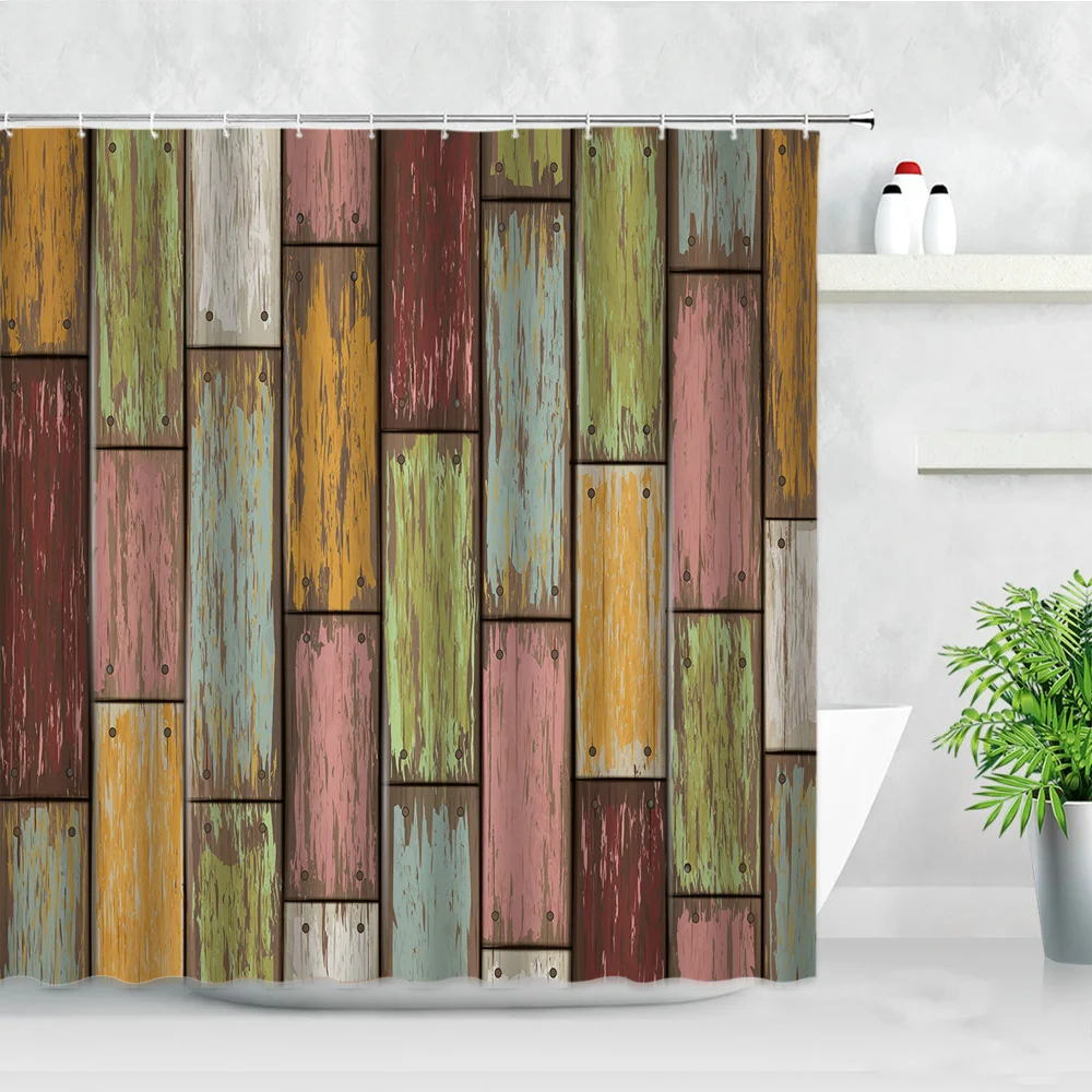 

Retro Color Wood Grain Shower Curtains Waterproof Hooks Screens Vintage Old Wooden Board Stripe Printing Bathroom Decor Curtain