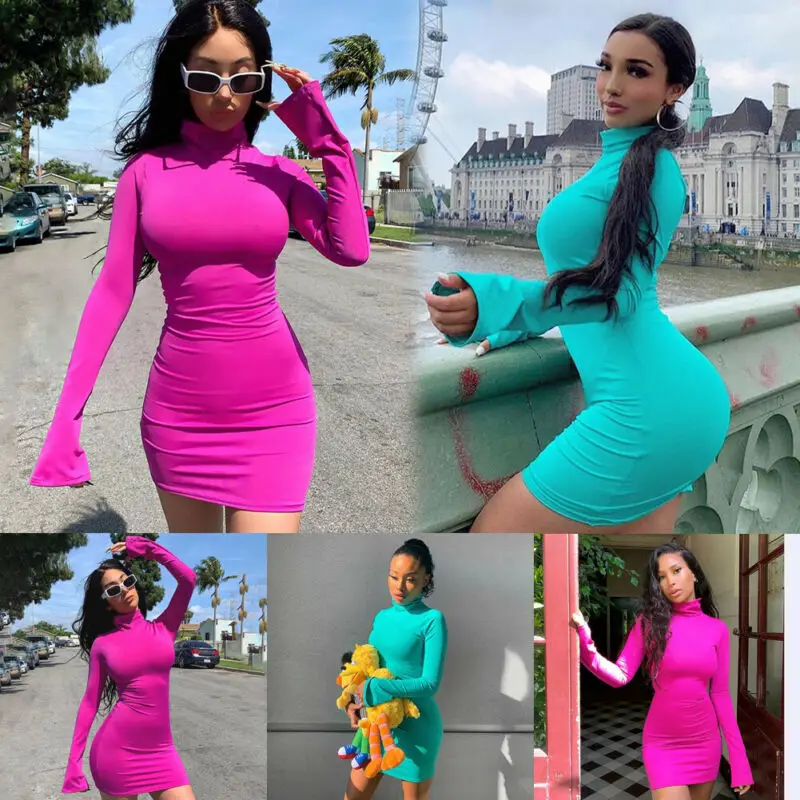 Осеннее модное женское сексуальное платье свитер с длинными рукавами однотонное