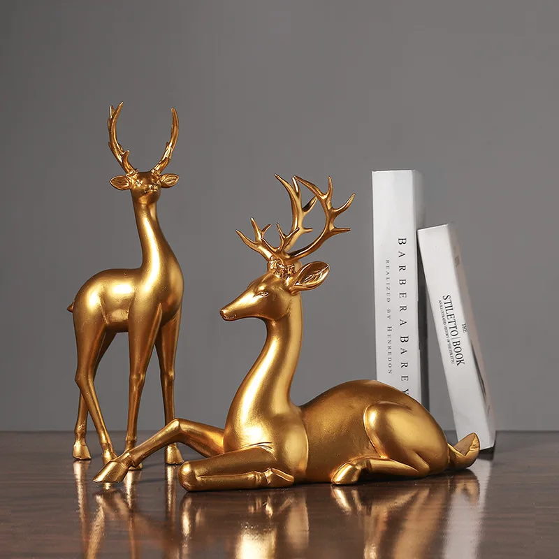 

European Resin Golden Elk Ornaments Luxury Animal Figurines Crafts Living Room Office Countertop Deer Wine Rack Home Decoration