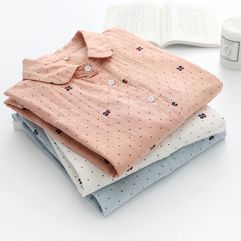 Женская блузка в горошек хлопковая рубашка с длинным рукавом белого и синего