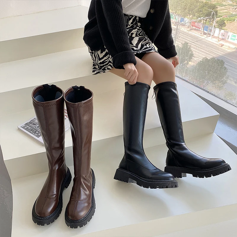 Women's Winter Leather High Boots 4.5cm, Women's Rubber Waterproof High Leather Boots with Zipper to Keep Warm Winter Boots