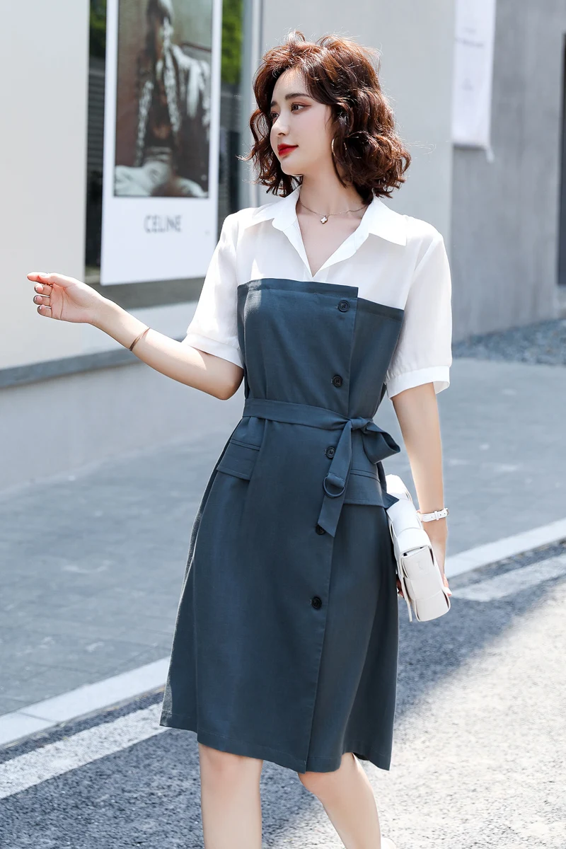 

2021 summer new style French retro casual fashion elegant temperament was thin stitching shirt dress