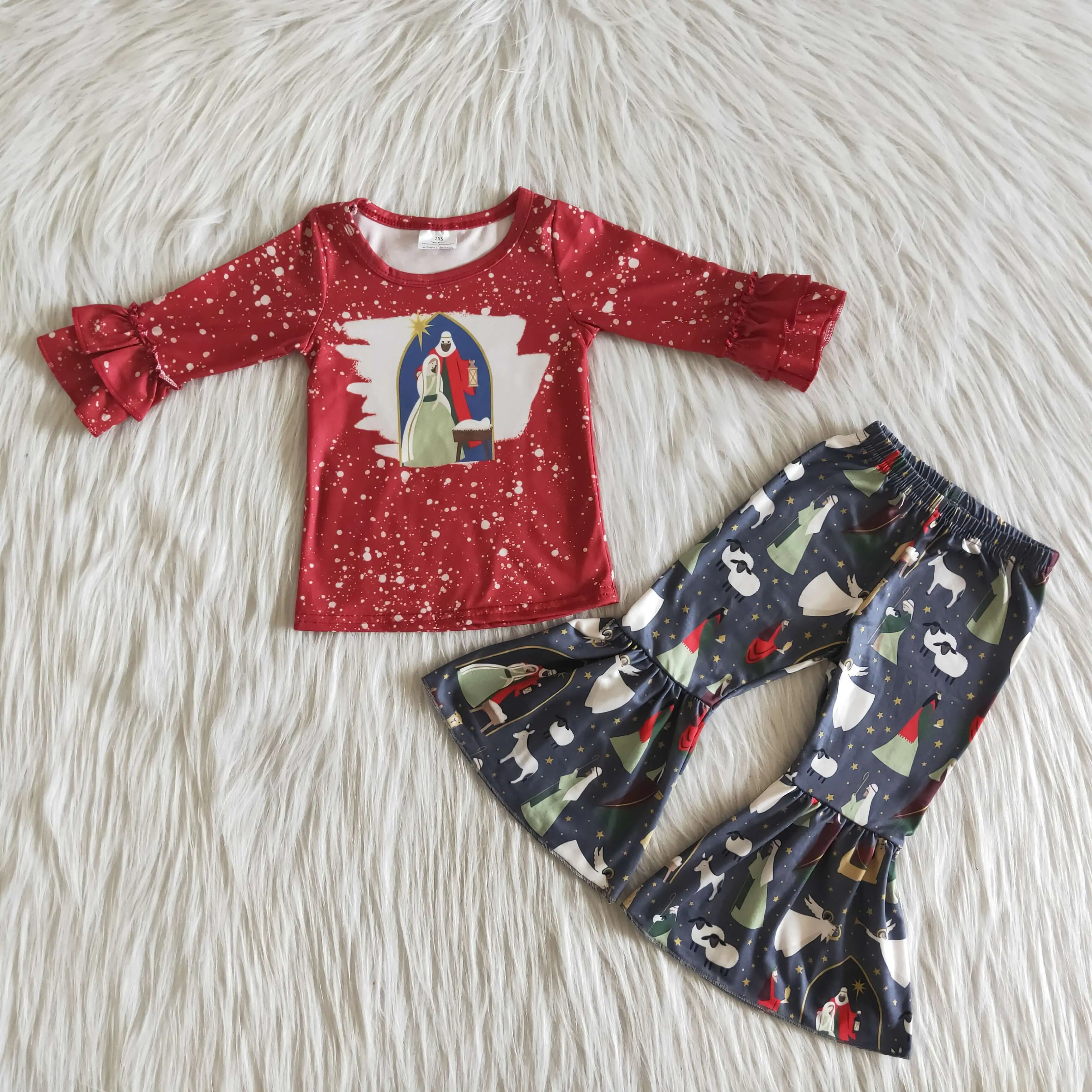 

2020 New Children Girls Christmas Eve Long Sleeve Suit Cartoon Animal Print Fashion Flared Pants