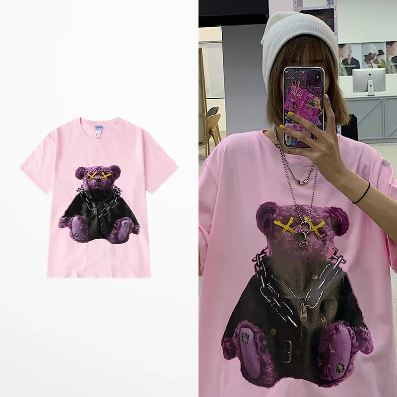 

Retro Cartoon Bear Print Casual Wear T Shirt Summer 100% Cotton Harajuku T-shirts Harajuku Pink Lovers Couple Men Tee Shirt