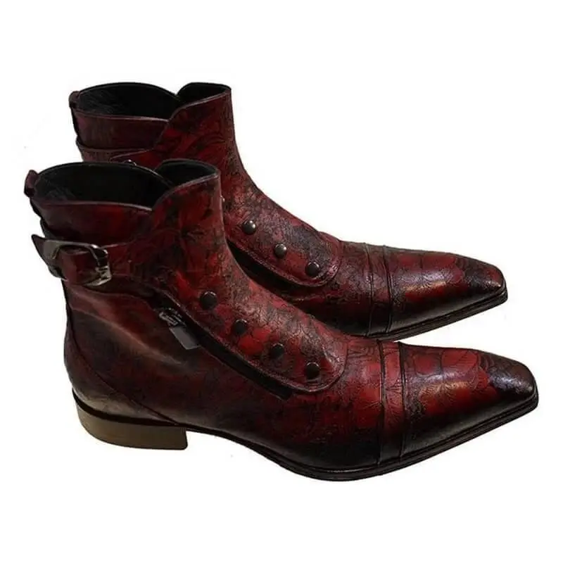 

2021 New Men Autumn PU Leather Square Heel Pointed Side Zipper Retro Snake Button Ankle Boots Fashion Hairstylist Boots 8KH366