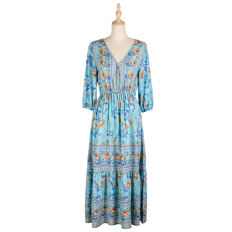 

Women Bohemia Maxi Dress Flower Printed V-neck Dress Half Sleeve Floral Dresses Summer Autumn Loose Casual Boho Dresses Vestidos