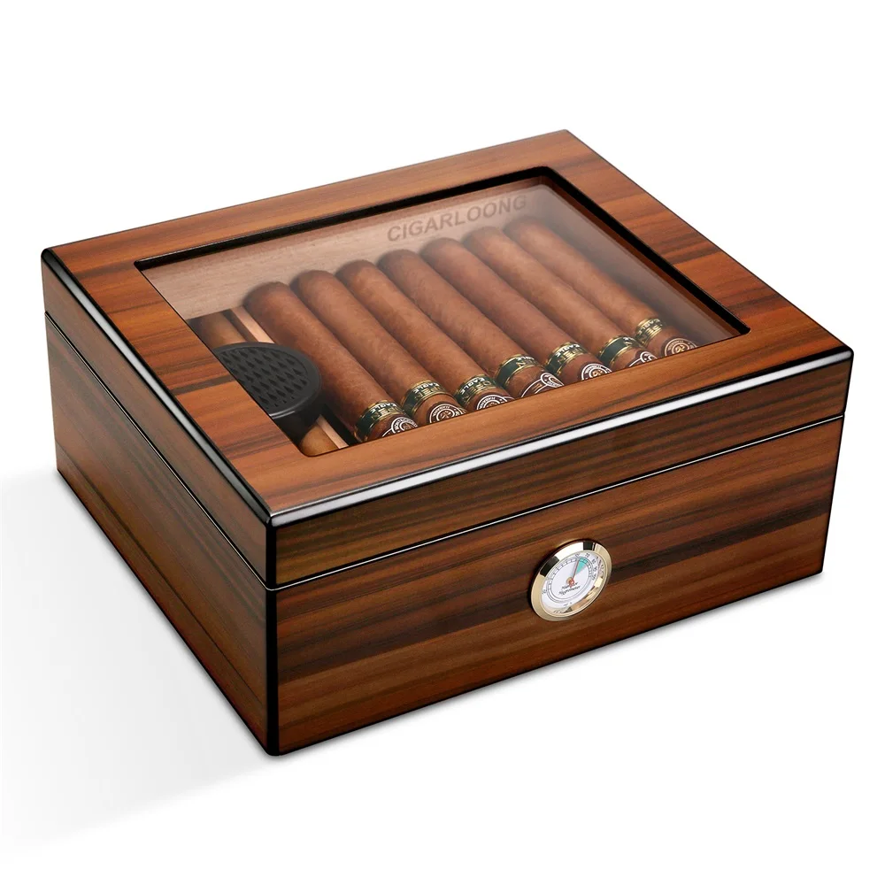 Enlarge Cedar Wood Cigar Humidor Large Capacity For 56pcs Desktop Box with Humidifier Hygrometer Divider Glass Top Cigar Humidor Case