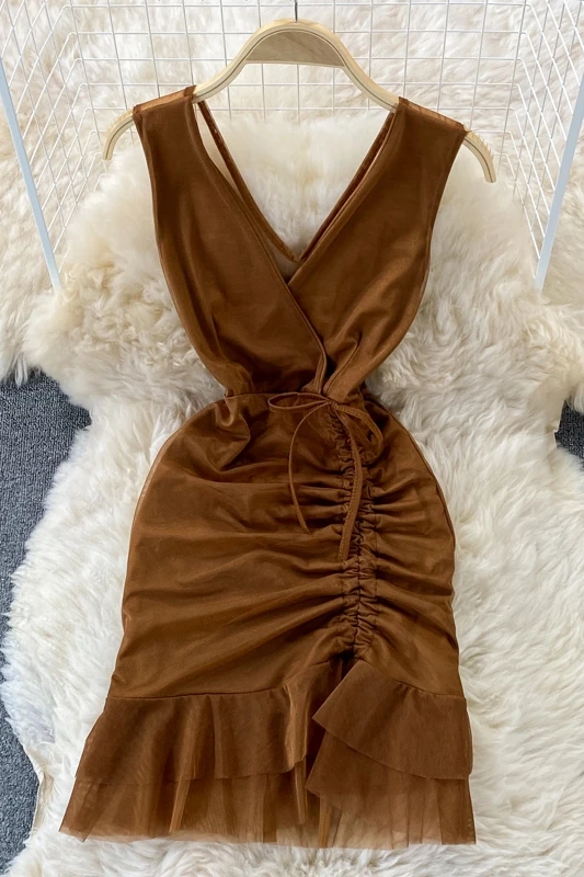

Summer sexy mesh Tulle bodycon mini dress new women's V-neck sleeveless folds draw string Fashion Dress Party Club tank dress