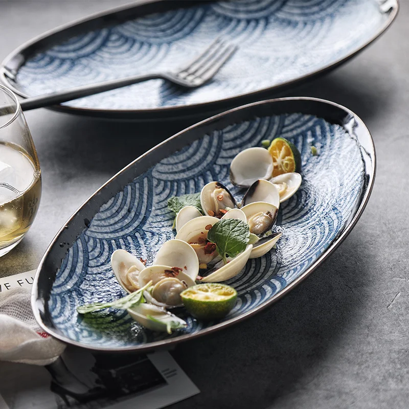 RHE Japanese oval ceramic plate Blue wave pattern Western steak bread cake tray Restaurant kitchen Snack Dried Fruit Tray | Дом и сад
