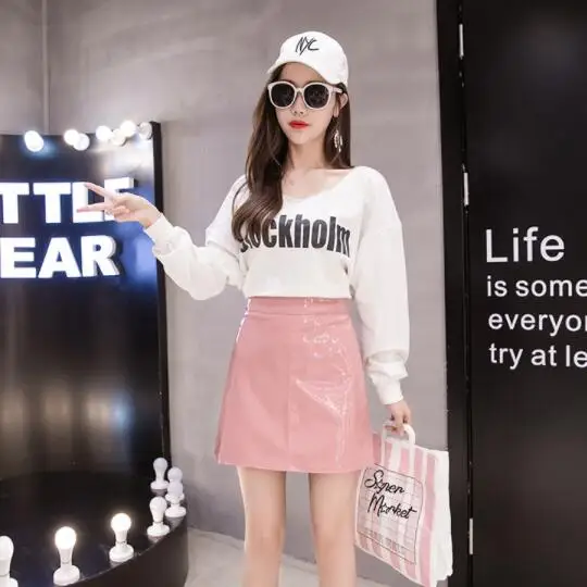 Черная розовая юбка из искусственной кожи с эффектом мокрой Женская мини-юбка