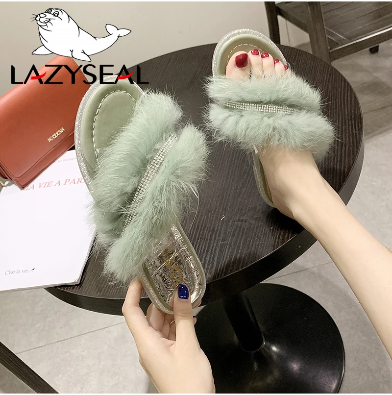 LazySeal/шикарная обувь для ювелирных изделий; женские тапочки из натурального меха; домашние теплые пушистые тапочки на плоской подошве; женские шлепанцы; вьетнамки